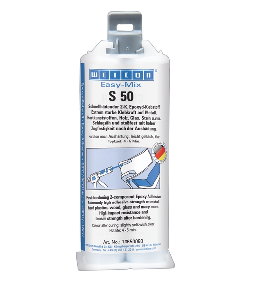 Epoxyd-Kleber Easy-Mix S 50 Der Epoxid-Klebstoff WEICON Easy-Mix S 50 eignet sich für schnelle Reparatur- und Wartungsarbeiten und ist ideal für die industrielle Serienanfertigung mit kurzen Taktzeiten