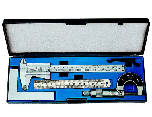 Messwerkzeug-Satz mit Schieblehre 150mm, Bügelschraube und Haarwinkel und Massstab 