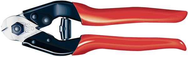 Draht-Kabelschere C7  ist eine sehr leistungsfähige Einhand-Schere mit Feder und Verschlussklinke, Griffe mit Kunststoffüberzug, für Kabel, mittelharte Drahtseile
